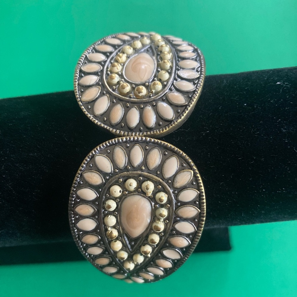 Vintage Tear Drop Cuff Bracelet with Mother of Pearl set on Brass Metal
